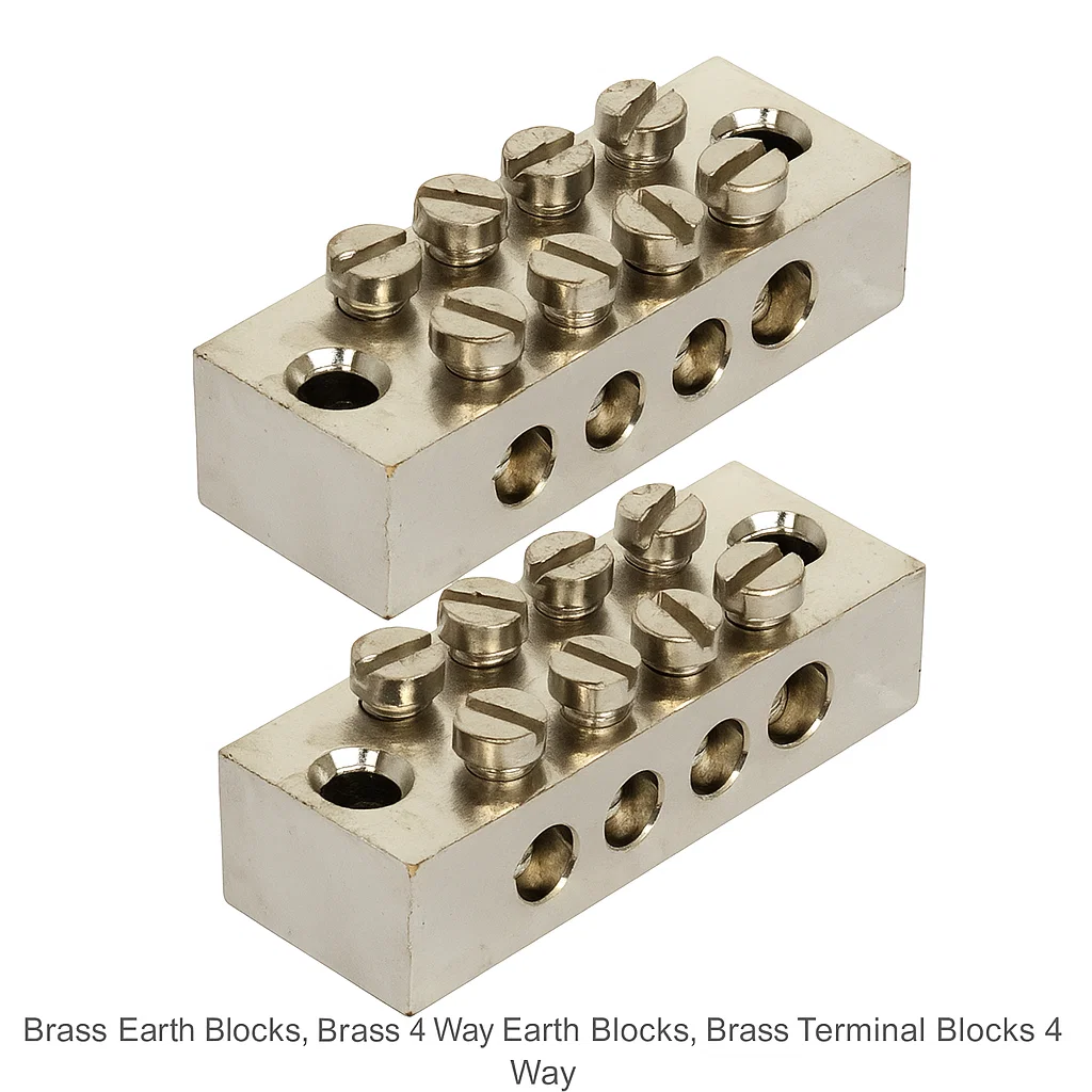 Brass 4 way Earth Blocks, Brass earth blocks, 4 way Brass Nickel plated erath bars and earth blocks, Brass terminal Blocks