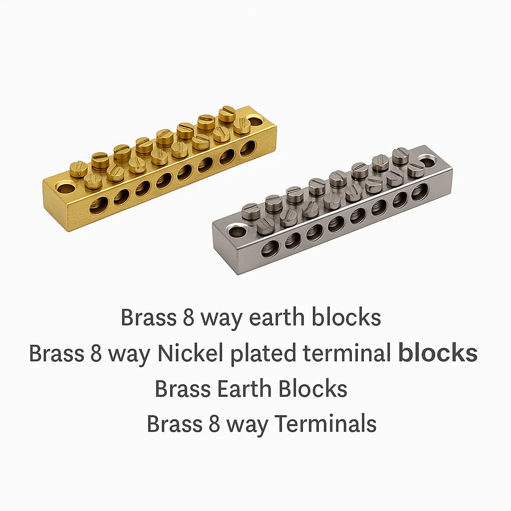 Brass 8 way earth blocks, Brass EARTH blocks, Brass 8 way Terminals, Brass Nickel plated 8 way Terminal blocks earth Blocks