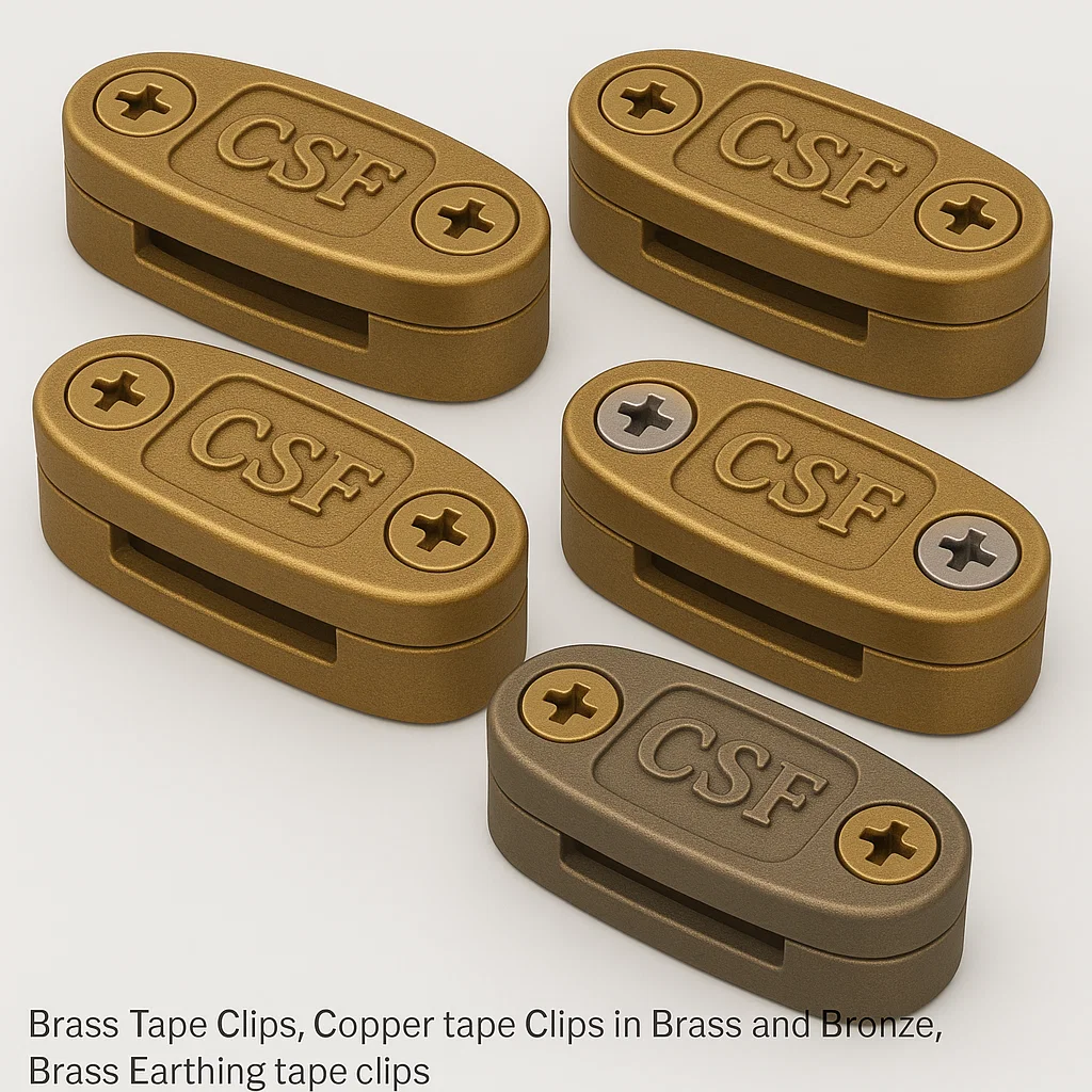 Earth tape clips, Brass Tape Clips, Copper tape Clips in Brass and Bronze, Brass Earthing tape clips